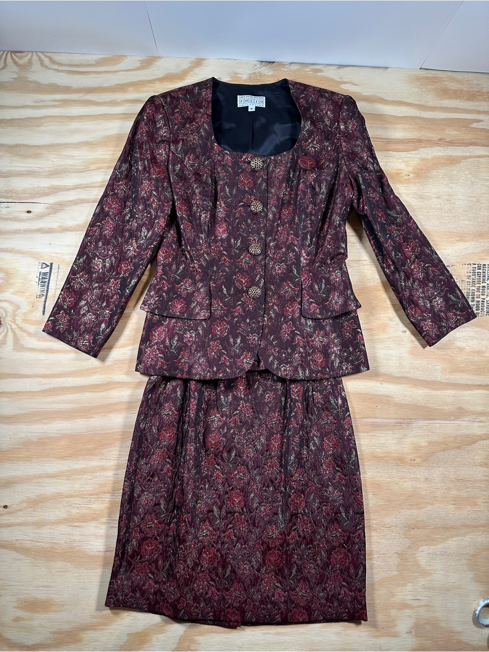 Saks Fifth Avenue Burgundy and Black Brocade Peplum Skirt Set